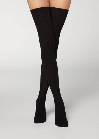 Női Calzedonia Thigh High Socks with Open Knit Gyapjú Harisnya Fekete | HU1270NB