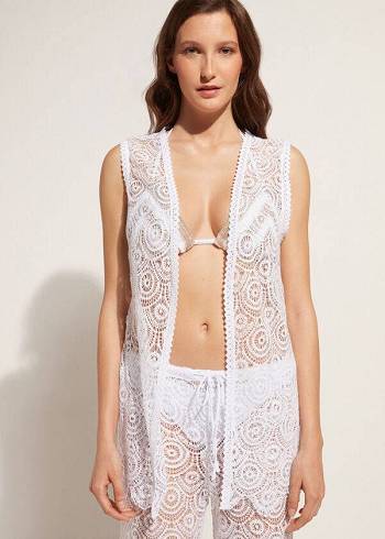 Női Calzedonia Ujjatlan Crochet Cover Ups Fehér | HU2116DN