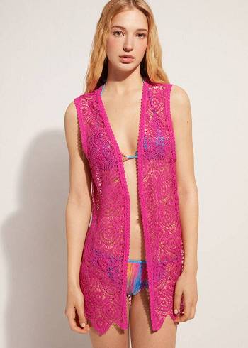 Női Calzedonia Ujjatlan Crochet Cover Ups Rózsaszín | HU2117FM