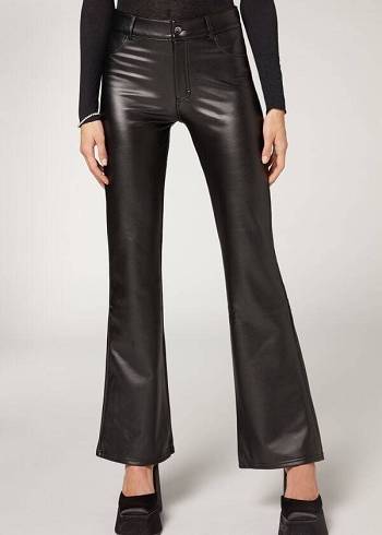Női Calzedonia Zip and Button Coated Thermal Flared Nadrág Fekete | HU2745OR